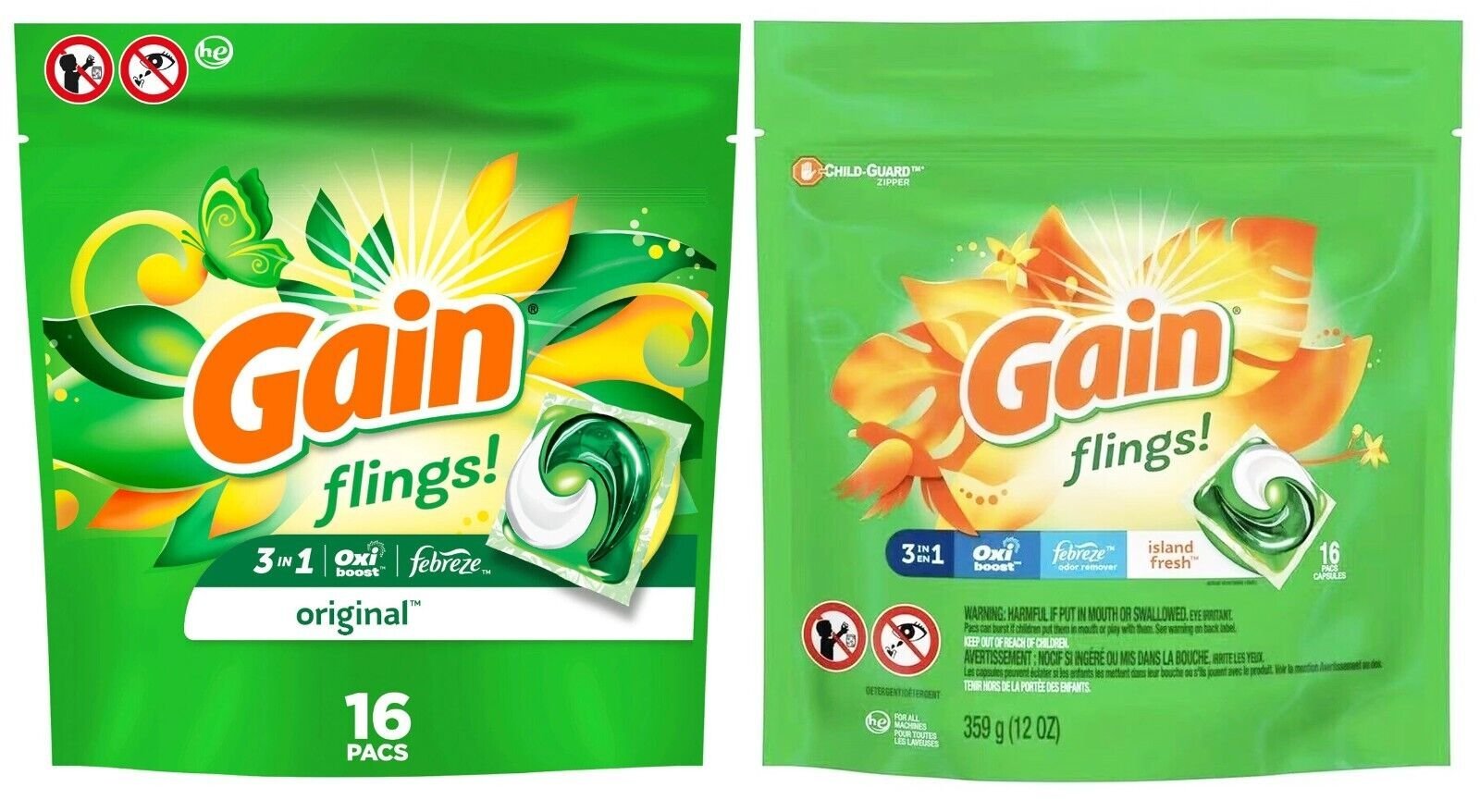 1-20 Packs Gain Flings Laundry Detergent Soap Pacs Original & Island Fresh