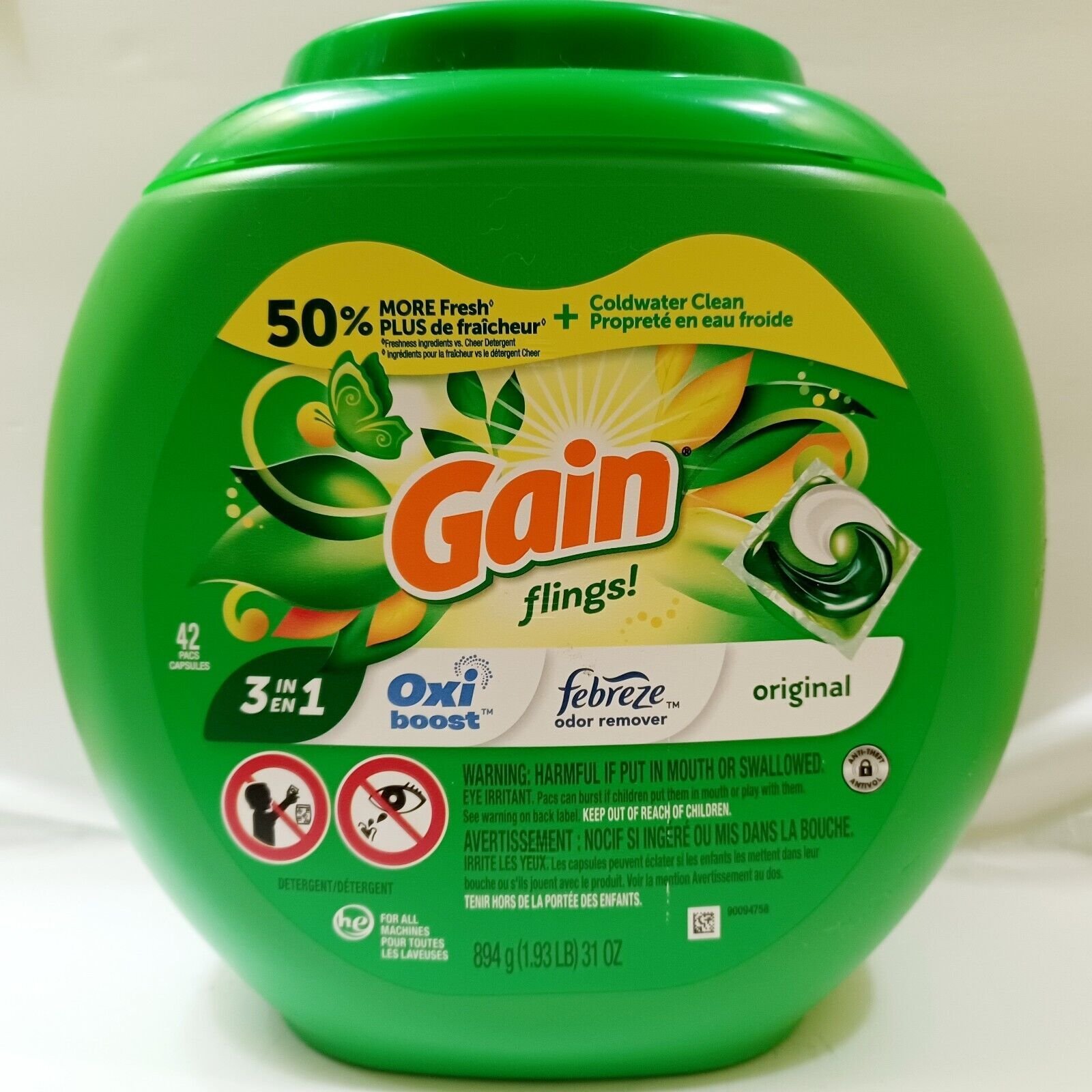 GAIN flings 3 in 1 Pods Liquid Laundry Detergent 42 Pacs Capsules "Original"