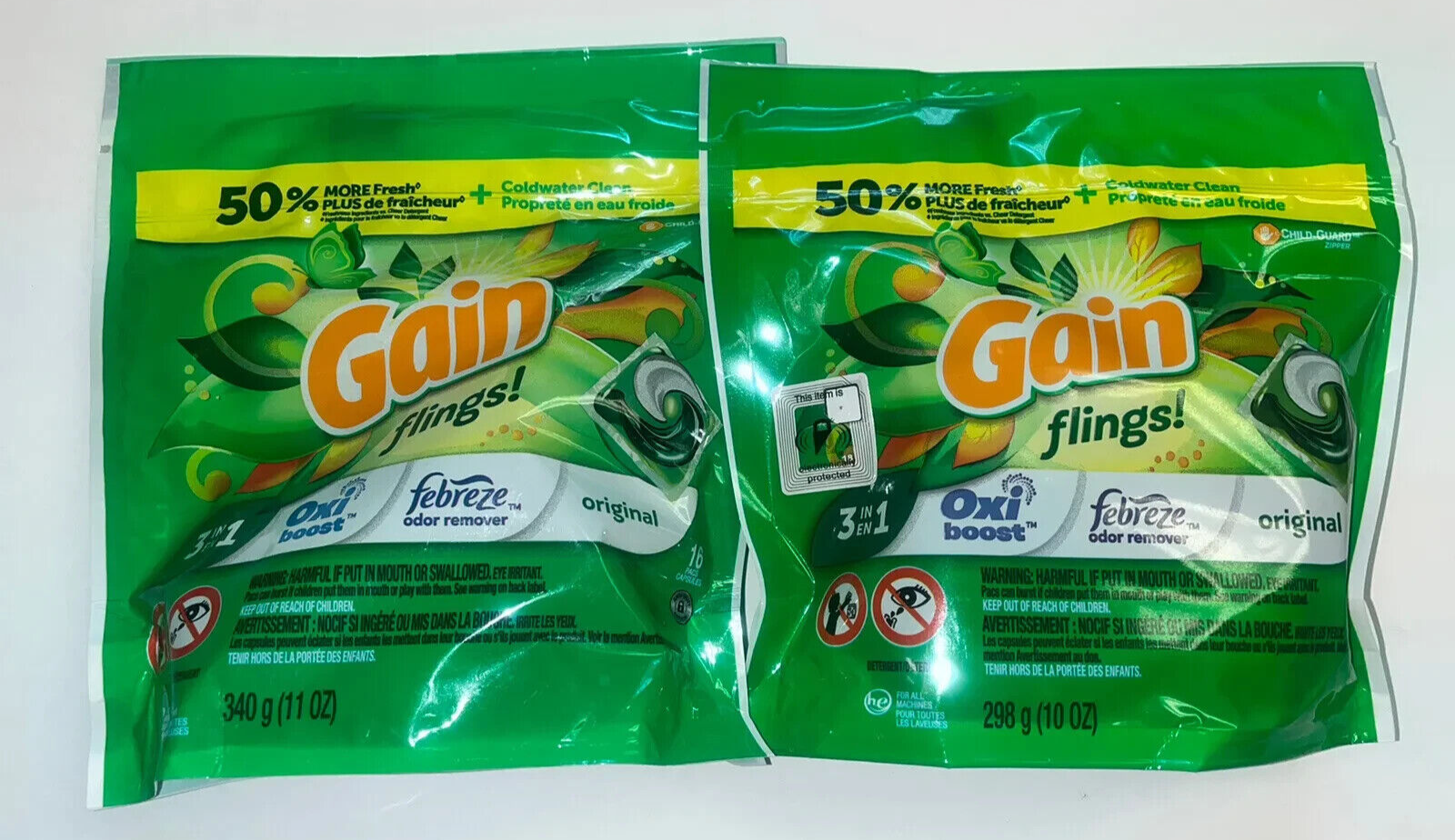 Lot of 2 Gain Flings 3 in 1 Original Laundry Detergent Pods 16 Ct each Febreze